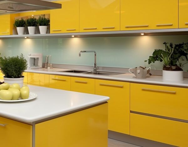 Sonnenhelles Küchendesign mit gelben Fronten und frischen Pflanzen in einem FINNHOLZ Holzhaus.