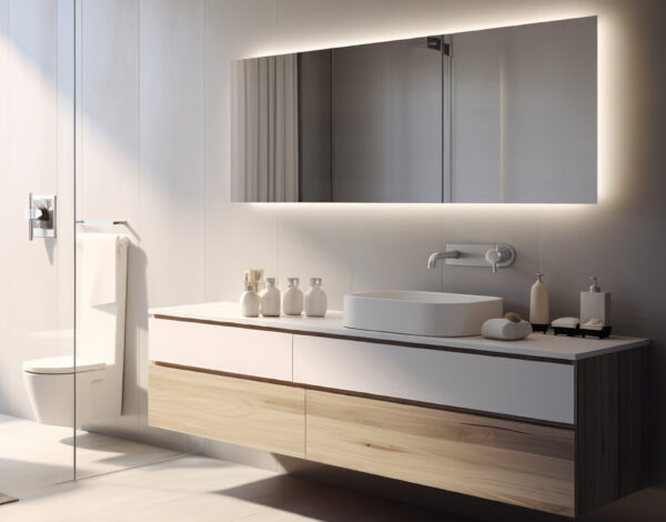 Modernes Badezimmer mit einem aufgeräumten Waschtisch aus Holz und eleganten Sanitäranlagen in einem FINNHOLZ Blockhaus.