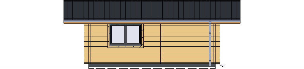 Nordansicht eines FINNHOLZ Blockhauses mit detaillierter Darstellung der Holzstruktur und Fenster.