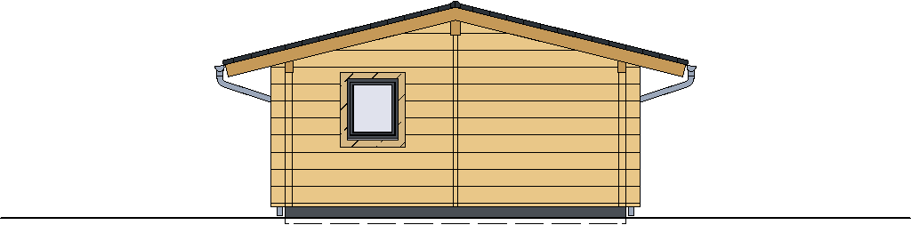 Ostansicht eines 39qm FINNHOLZ Blockhauses mit sichtbarer Holzstruktur und zentralem Fenster.