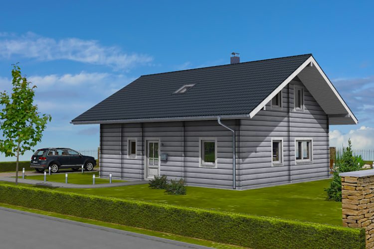 FINNHOLZ Blockbohlenhaus-Bausatz Jubiläumshaus Eder 131 8 Graues Blockbohlenhaus mit Satteldach, 1,5-geschossig, Einfahrt mit geparktem Auto, grüner Rasen und Hecke im Vordergrund.