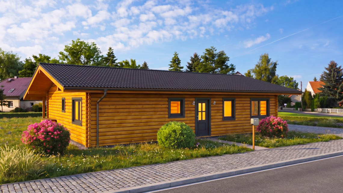 3D-Visualisierung des eingeschossigen Blockbohlenhauses Klassiker 115 mit dunklem Satteldach, geschütztem Hauseingang und seitlichem Terrassenbereich