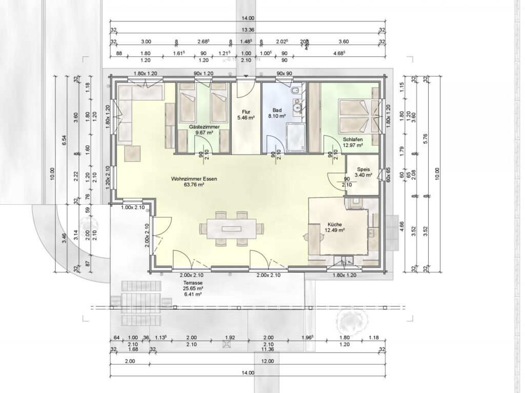 FINNHOLZ Blockbohlenhaus-Bausatz Klassiker 115 18 Grundriss des Erdgeschosses im Blockbohlenhaus Klassiker 115 mit großem Wohn-/Essbereich, offener Küche und L-förmiger Terrasse