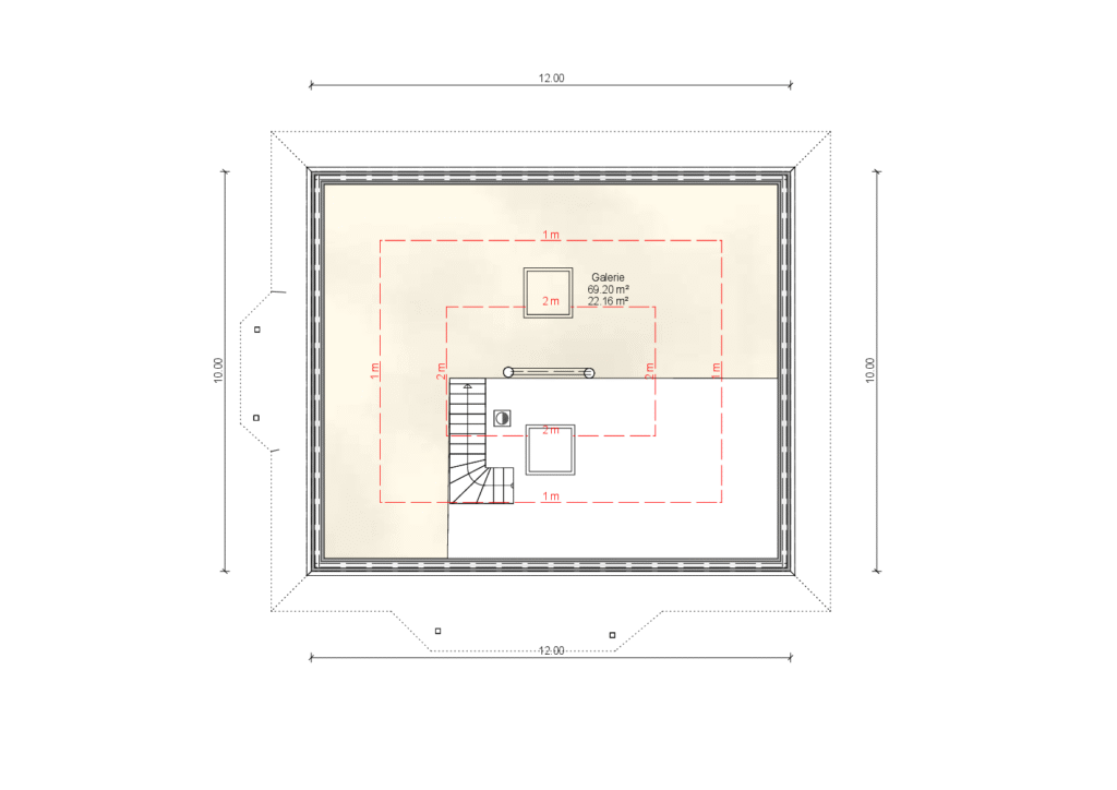 FINNHOLZ Blockbohlenhaus-Bausatz Klassiker 122 19 Dachgeschoss-Grundriss: Blockbohlenhaus (Holzhaus) mit offener Galerie, 69,20 m² gesamt, 22,16 m² über 2 m. Title: Blockbohlenhaus Grundriss – Galerie im Dachgeschoss