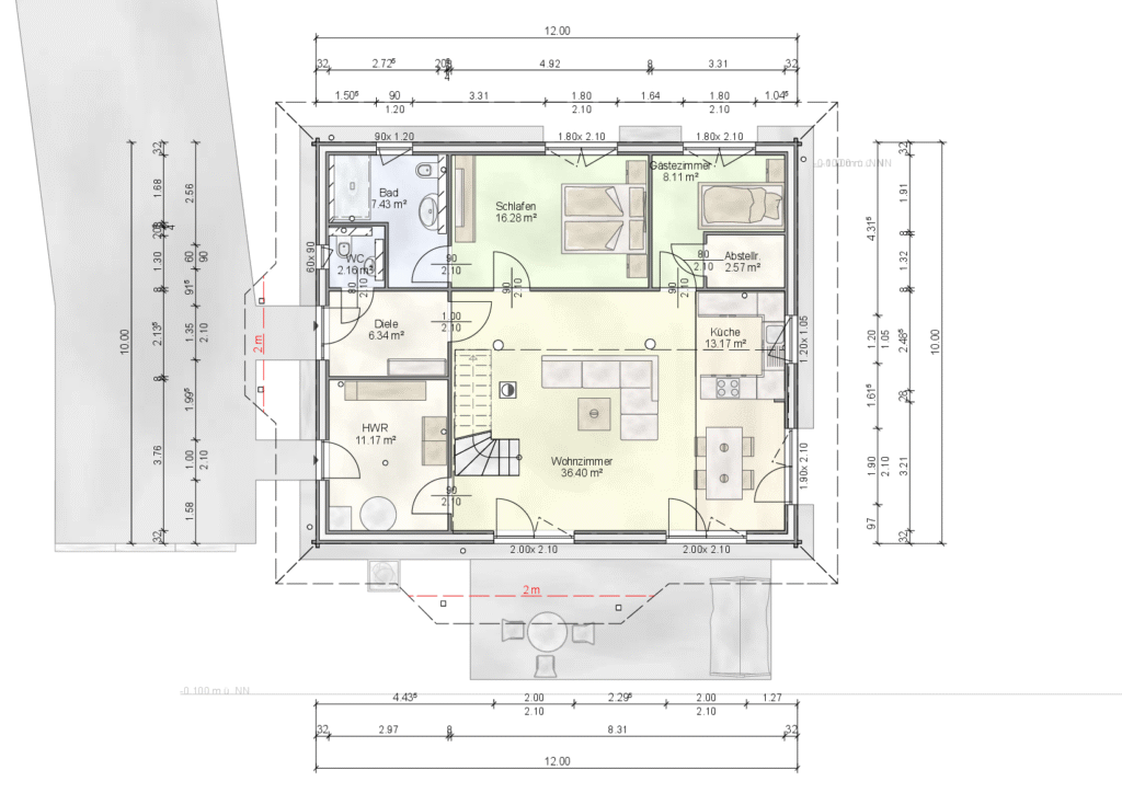 FINNHOLZ Blockbohlenhaus-Bausatz Klassiker 122 18 Grundriss Erdgeschoss: Blockbohlenhaus (Holzhaus) 10×12 m mit Wohn-/Essbereich, Küche, 2 Zimmern, Bad, WC und HWR.