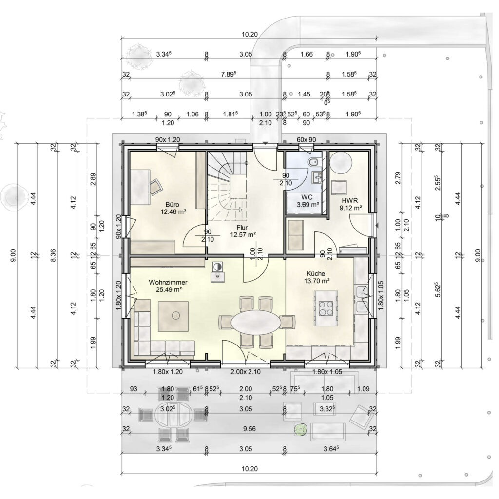 Grundriss des FINNHOLZ Jubiläumshauses Eder 131 mit einer Fläche von 131qm, inklusive Wohnzimmer, Küche, Büro und weiteren Räumen.