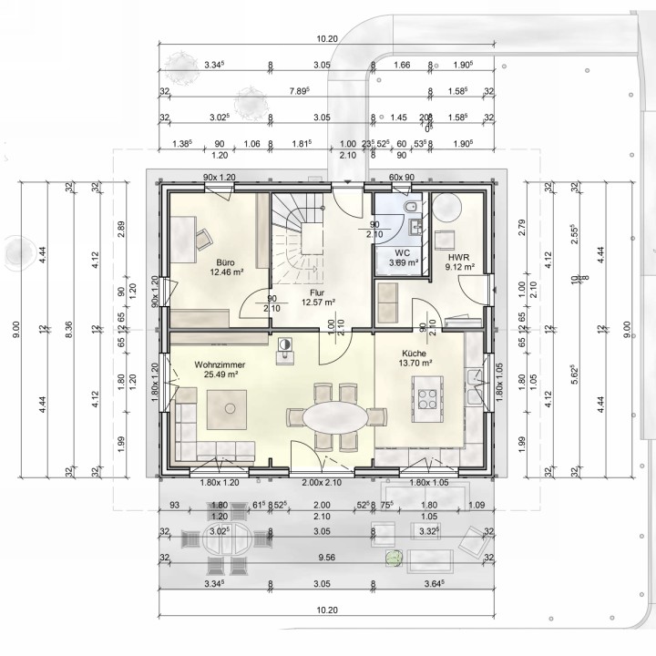 Grundriss des Erdgeschosses des FINNHOLZ Jubiläumshauses Eder 131 mit 131 qm Wohnfläche.