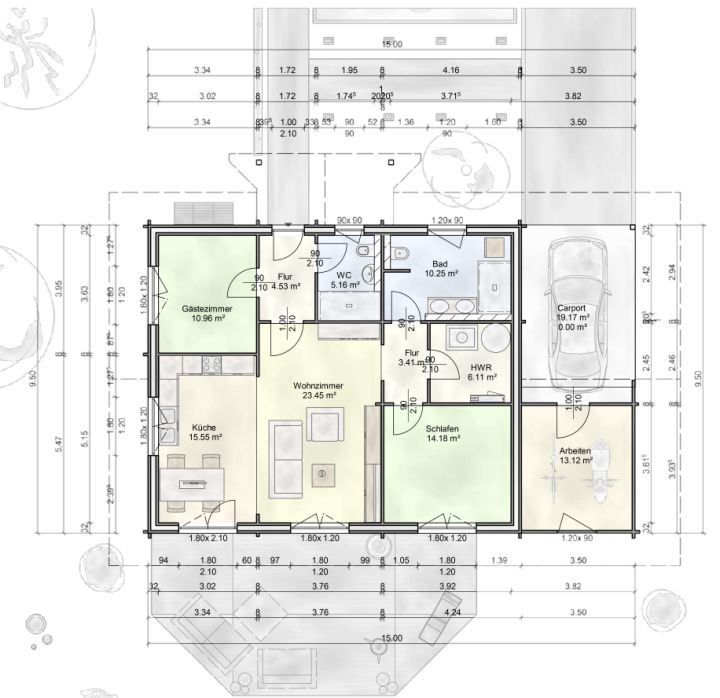 Grundriss des Holzhauses Jubiläumshaus Sauerland 106 von FINNHOLZ mit klaren Raumaufteilungen und Maßangaben.
