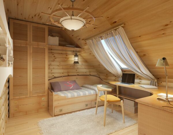 Stilvolles Jungenzimmer mit Holzelementen, inspiriert von der Raumgestaltung in einem FINNHOLZ Blockhaus.