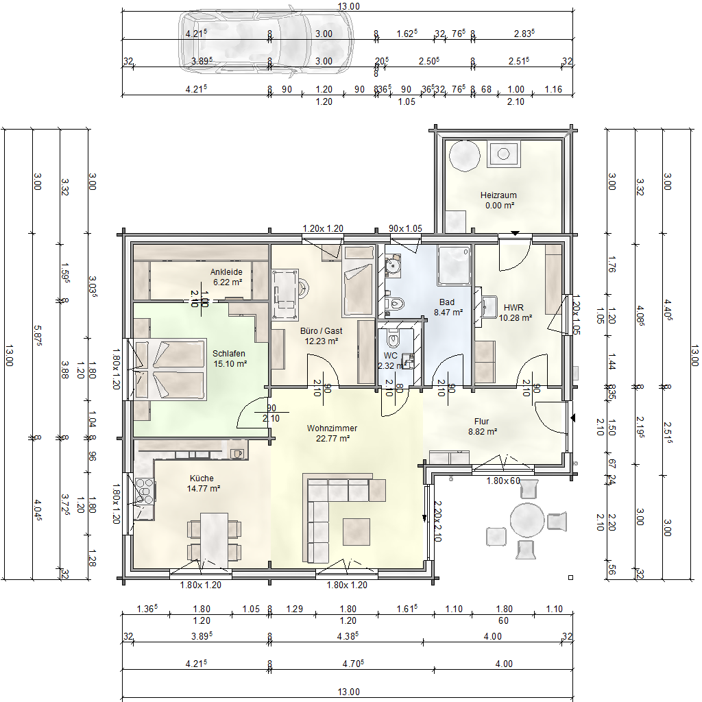 Grundriss des FINNHOLZ Blockhaus Klassiker 100, der eine durchdachte Raumaufteilung mit einer geräumigen Küche, einem gemütlichen Wohnzimmer, Schlafbereichen und einem Büro zeigt.