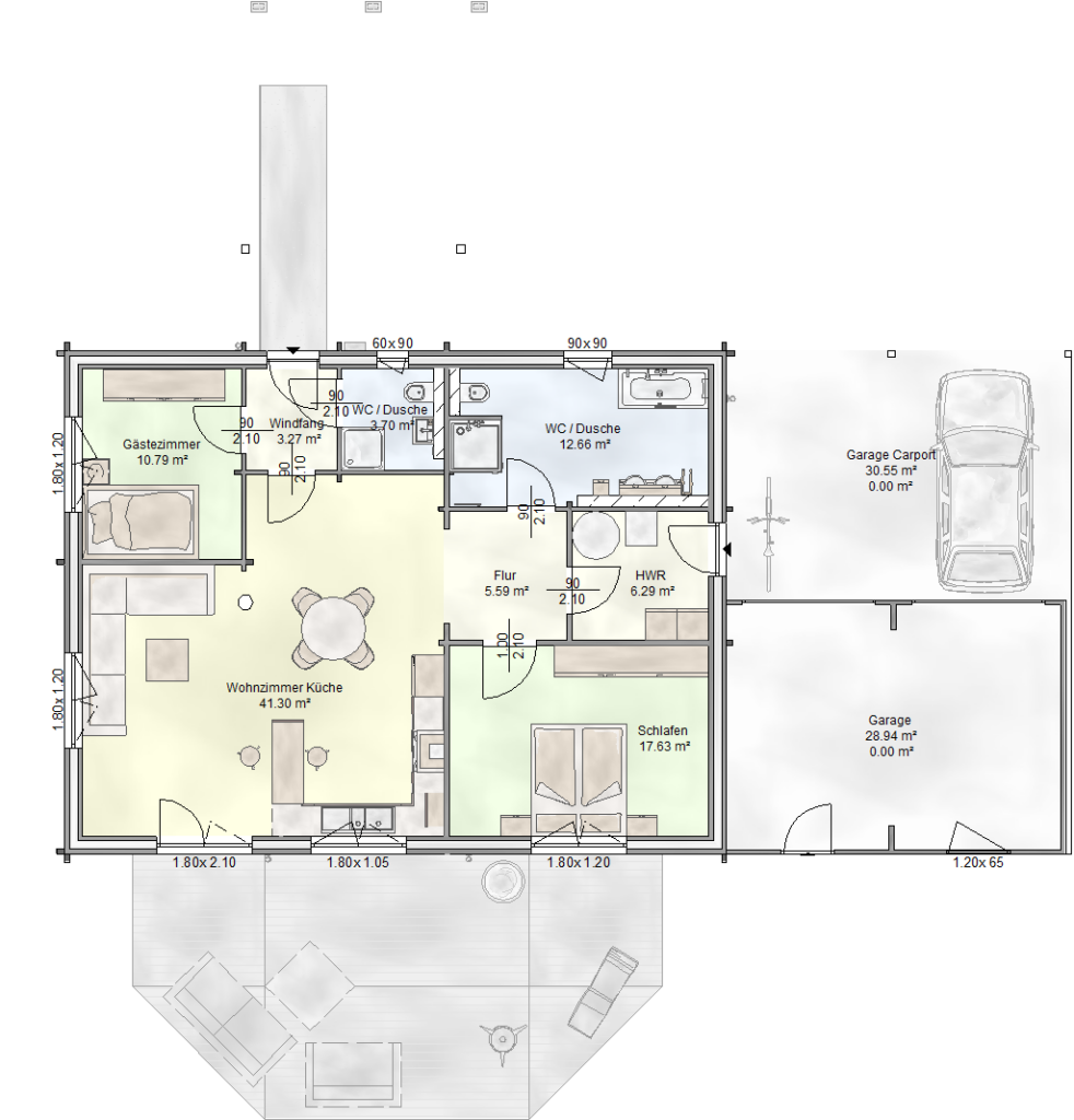 Grundriss des FINNHOLZ Blockhaus Klassiker 101, mit klar definierten Wohnbereichen, einschließlich Wohnzimmer, Küche, Schlafzimmern und Garage.