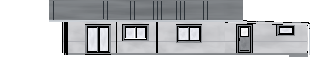 Südansicht des FINNHOLZ Blockhaus Klassiker 101 mit einer Reihe von Fenstern und einer Seitentür unter einem schützenden Dachvorsprung.