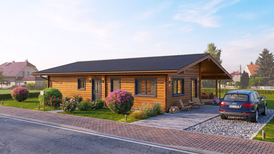 3D-Visualisierung des eingeschossigen Blockhauses Klassiker 115 mit dunklem Satteldach, geschütztem Eingang und L-förmiger Terrasse