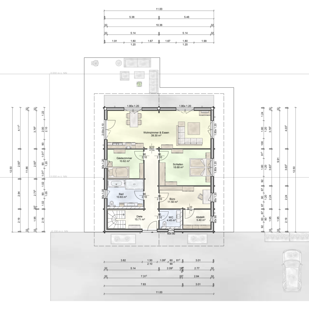 Grundrisszeichnung des Erdgeschosses für das Blockhaus Klassiker 116 von FINNHOLZ mit Abmessungen und Raumaufteilung.
