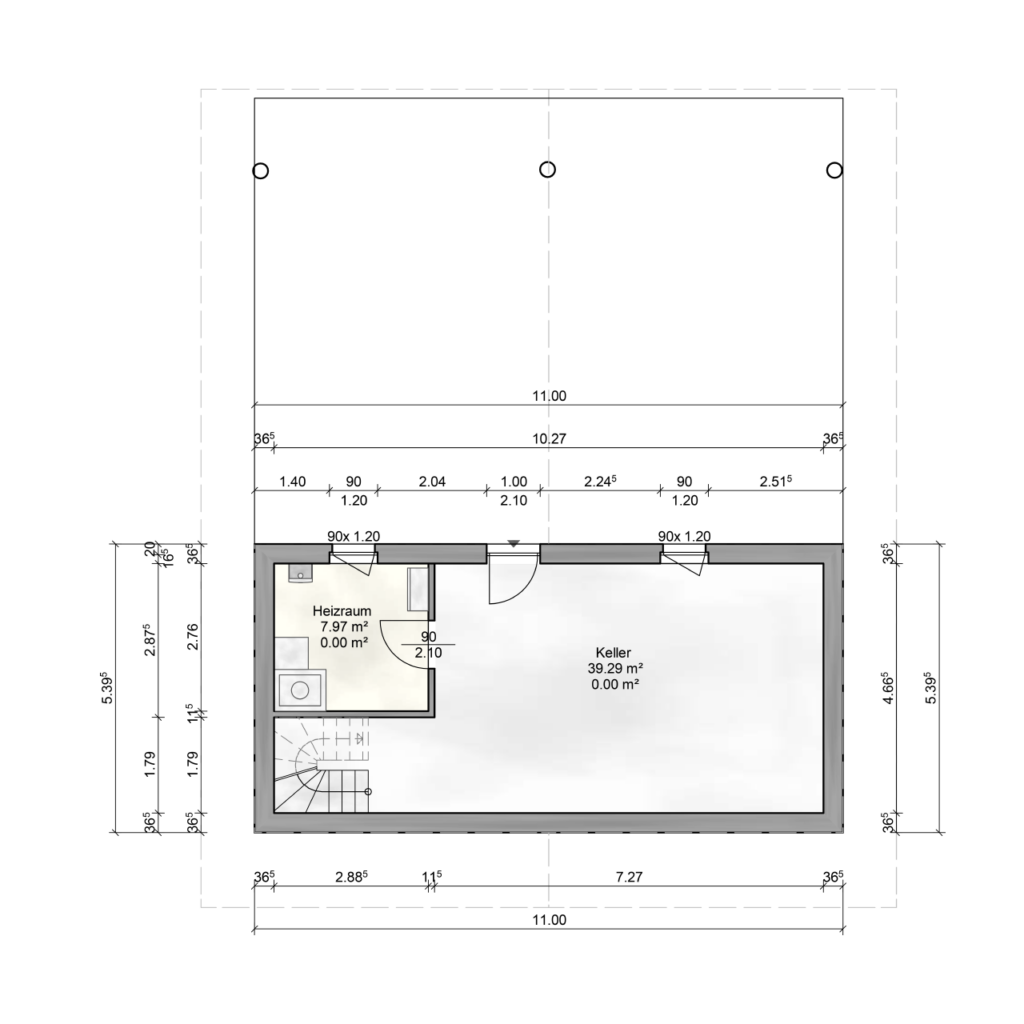 Detaillierter Grundriss des Kellergeschosses eines FINNHOLZ Blockhauses mit klar gekennzeichneten Räumen und Maßangaben.