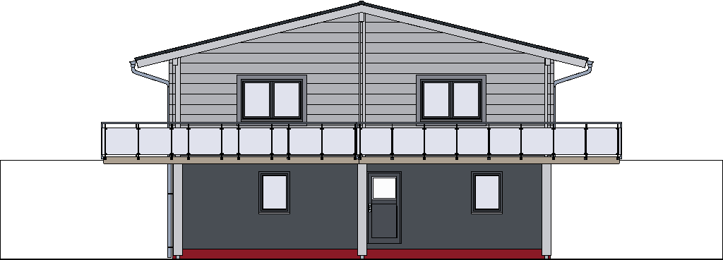 Moderne Nordansicht eines FINNHOLZ Blockhauses Klassiker 116 mit zweistöckiger Bauweise und stilvollem Balkon.