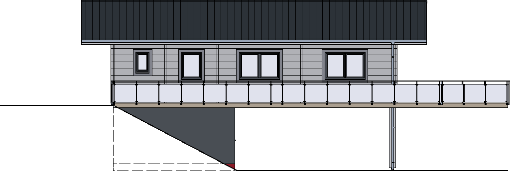 Ostansicht des FINNHOLZ Blockhauses Klassiker 116 mit stilvollem Balkon und kontrastreichen Wandpaneelen unter einem dunklen Satteldach.