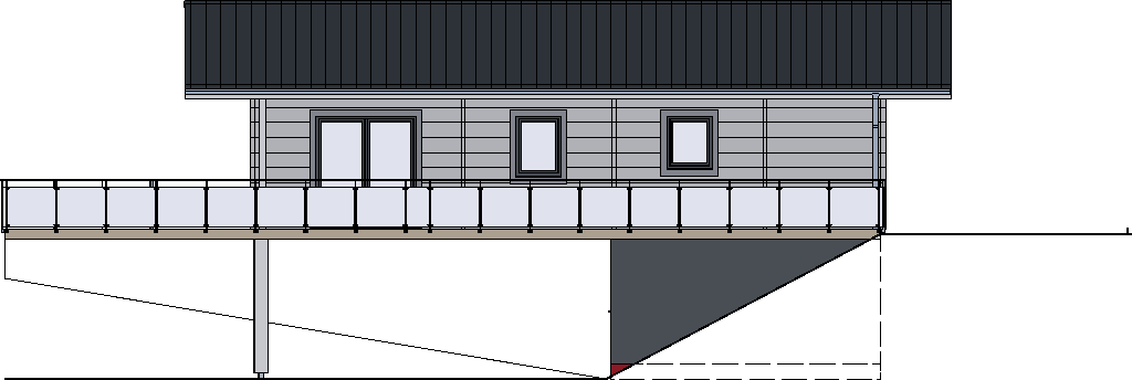 Westansicht des FINNHOLZ Blockhaus Klassiker 116 mit dunklem Satteldach und Balkon, gekennzeichnet durch symmetrische Fensteranordnung.