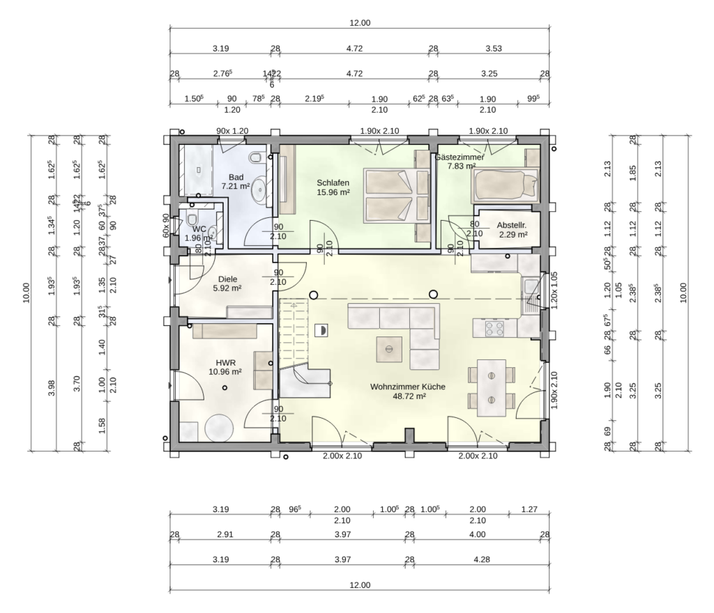 Grundriss des Erdgeschosses des FINNHOLZ Blockhaus Klassiker 122 mit detaillierter Raumaufteilung und Einrichtung.