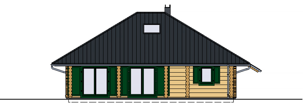 Die Nordansicht eines stilvollen FINNHOLZ Blockhauses mit grünen Fensterläden und dunklem Satteldach, repräsentativ für hochwertige Holzhäuser.
