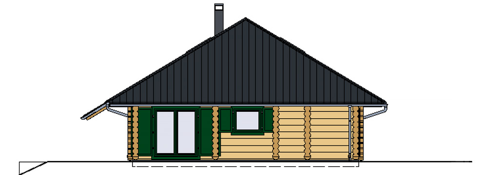 Ostansicht des FINNHOLZ Blockhauses Klassiker 122 mit grünen Fensterläden und traditionellem Satteldach, aus hochwertigem Holz erbaut.