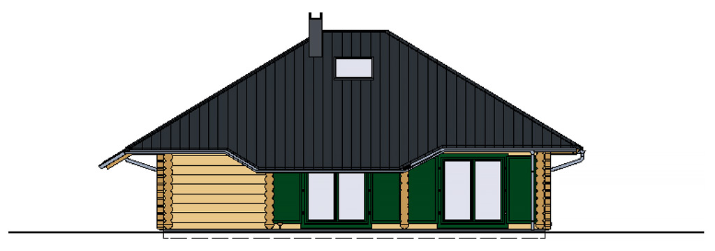 Südansicht des FINNHOLZ Blockhaus Klassiker 122 mit charakteristischen Holzblockwänden und Satteldach.