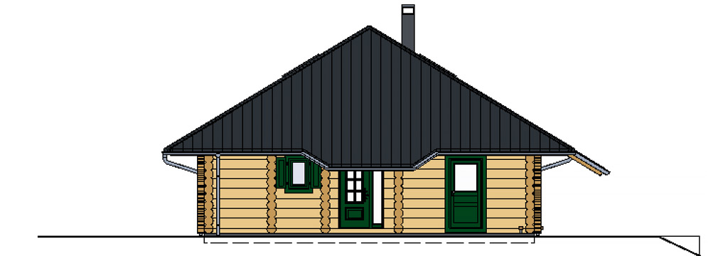 Westansicht des FINNHOLZ Blockhaus Klassiker 122 mit grünen Fensterläden und traditioneller Holzfassade, idyllisches Wohnen im Einklang mit der Natur.