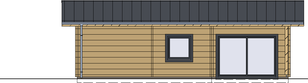 Nordansicht Zeichnung des FINNHOLZ Blockhaus Klassiker 46 mit Fenstern und Terrassentüren.
