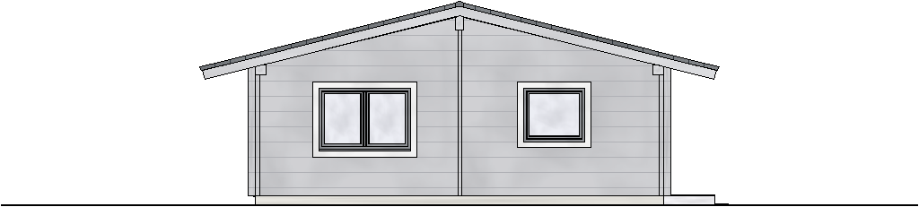 Westansicht des FINNHOLZ Blockhaus Modells 75B, mit markanten Fensterfronten und einer Wohnfläche von 75qm.