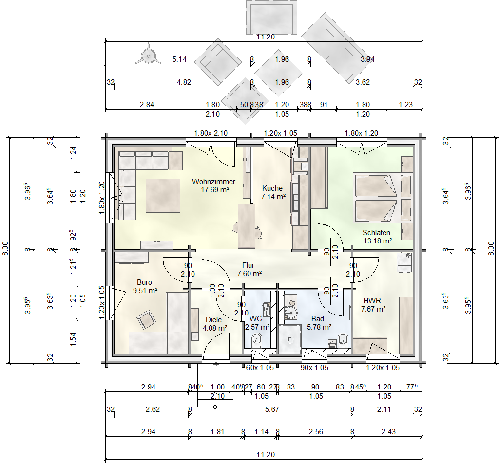 Grundriss des FINNHOLZ Blockhaus Klassiker 75B mit einer klaren Aufteilung der 75qm Wohnfläche.