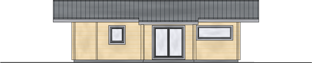 Südansicht eines FINNHOLZ Blockhauses mit charakteristischer Holzfassade und modernen Fenstern.