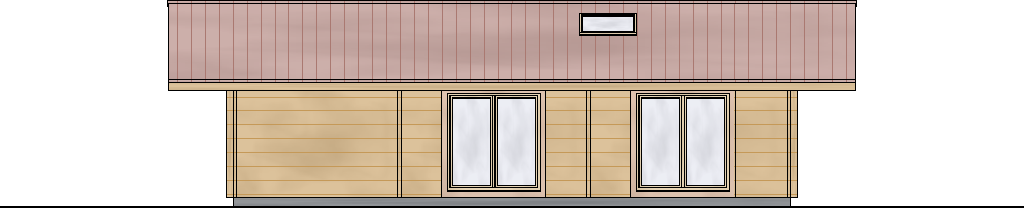 Südansicht eines FINNHOLZ Blockhauses mit mehreren Fenstern und einem Satteldach.