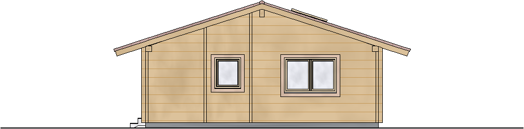 Westansicht eines FINNHOLZ Blockhauses mit charakteristischen Doppelfenstern und traditionellem Holzdesign.