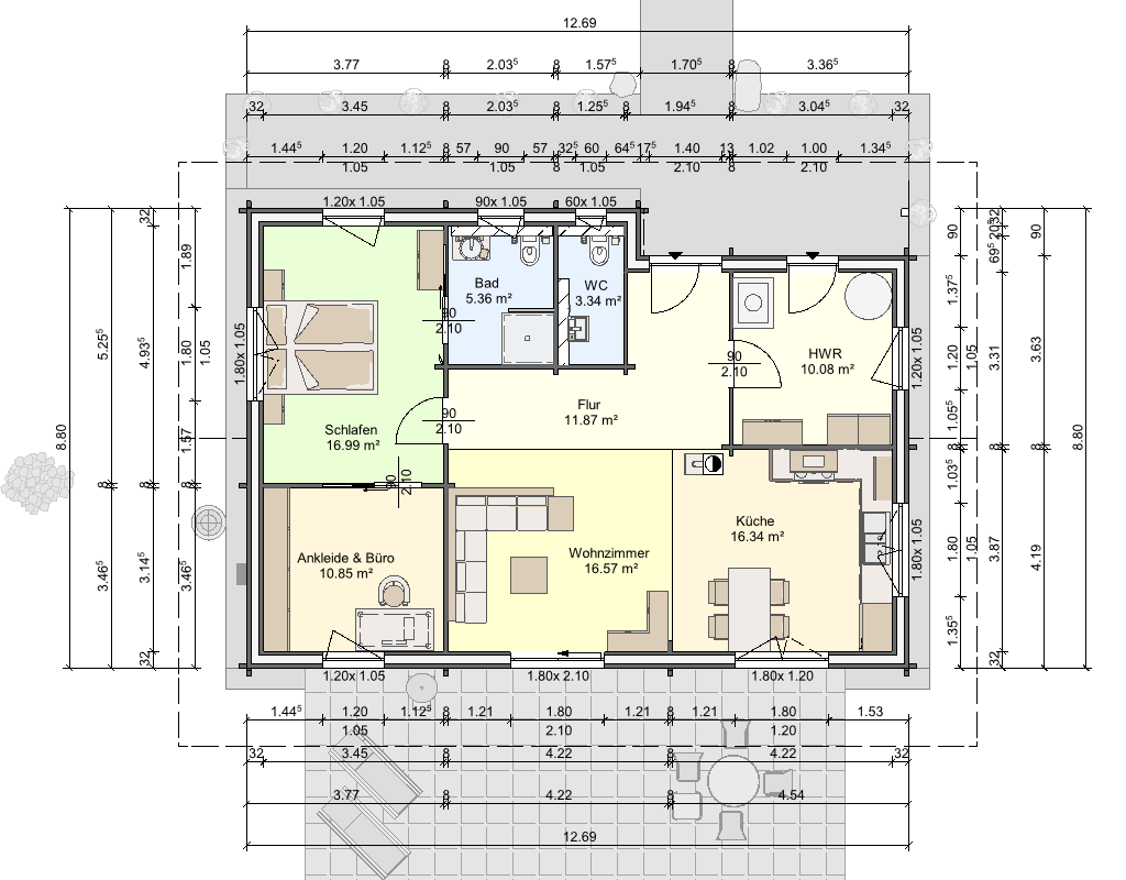 Grundriss eines FINNHOLZ Blockhaus Klassiker 90 mit einer Wohnfläche von 90 qm, inklusive Wohnzimmer, Küche, Schlafzimmer, Büro, Bad und WC, visualisiert im Erdgeschossplan.
