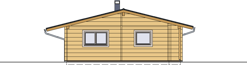 Ostansicht eines FINNHOLZ Blockhaus Klassiker 90, mit sichtbaren Fenstern und charakteristischer Holzverkleidung, repräsentativ für qualitativ hochwertige Holzhäuser.