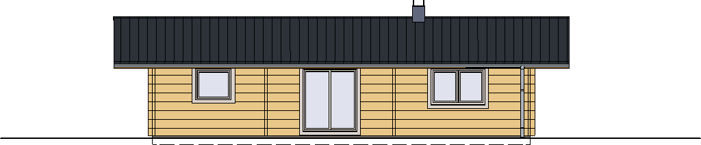 Südansicht des FINNHOLZ Blockhaus Klassiker 90, mit auffälligen Fensterfronten und klassischer Holzverkleidung, repräsentativ für die hohe Qualität von FINNHOLZ Holzhäusern.