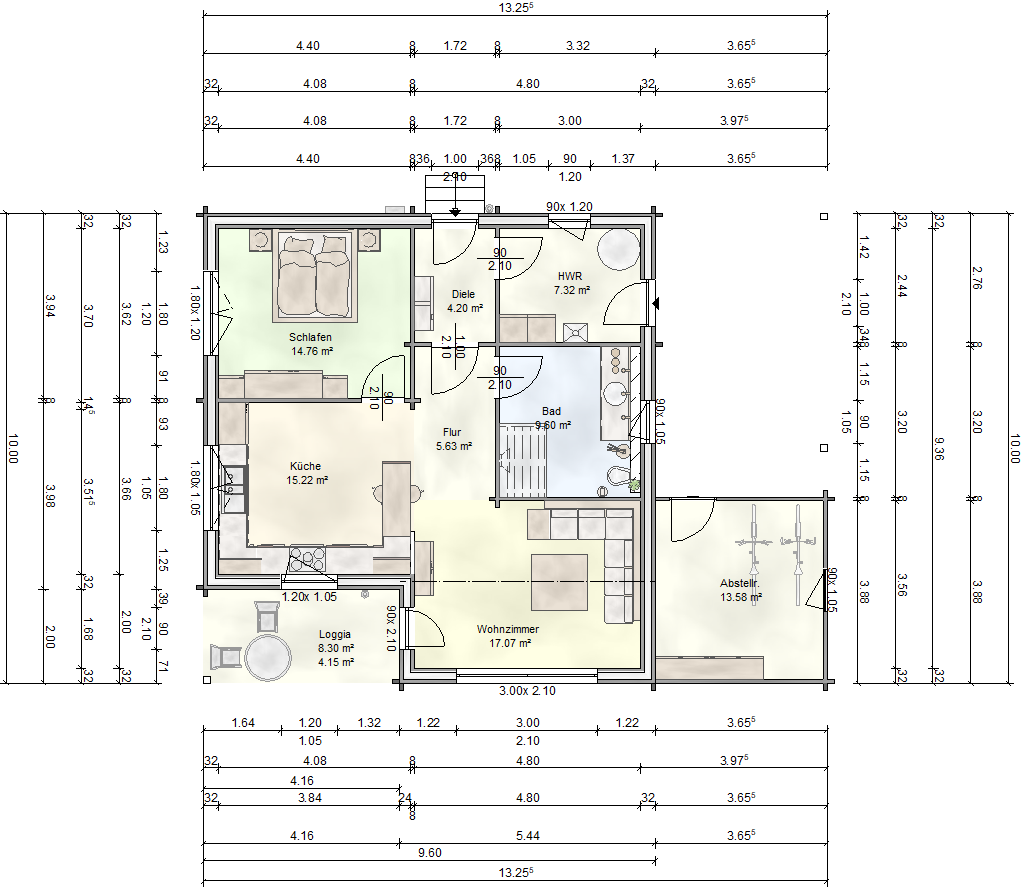 Grundriss eines Blockhauses Klassiker 91 von FINNHOLZ mit einer Wohnfläche von 91 qm, inklusive Wohnzimmer, Küche, Schlafzimmer und Terrasse.