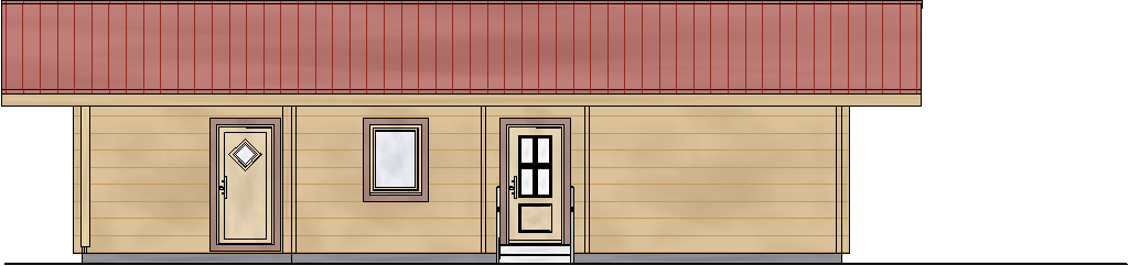 Nordansicht des FINNHOLZ Blockhaus Klassiker 91 mit Holzfassade und rotem Dach.