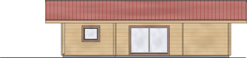 Südansicht des FINNHOLZ Blockhaus Klassiker 91 mit heller Holzfassade und rotem Satteldach.