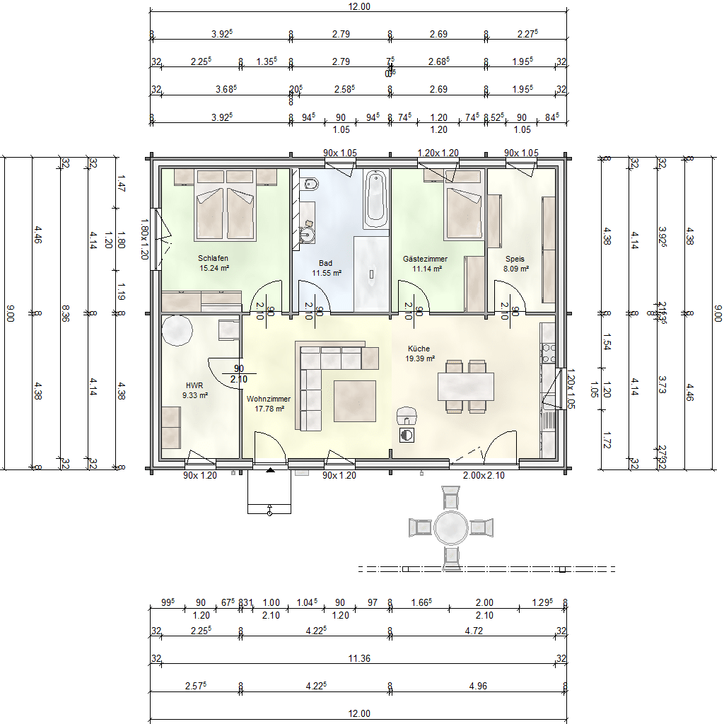 Grundriss des Erdgeschosses vom FINNHOLZ Blockhaus Klassiker 92, mit Angaben zu den Raumgrößen und der Aufteilung, einschließlich Wohnzimmer, Küche, Schlafzimmer und Bad.