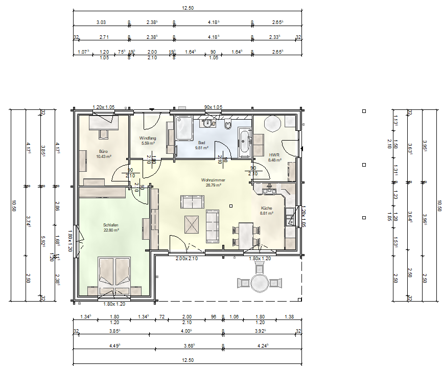 Grundriss des FINNHOLZ Blockhauses Klassiker 94 mit klarer Raumaufteilung und Maßangaben für energieeffizientes Wohnen.