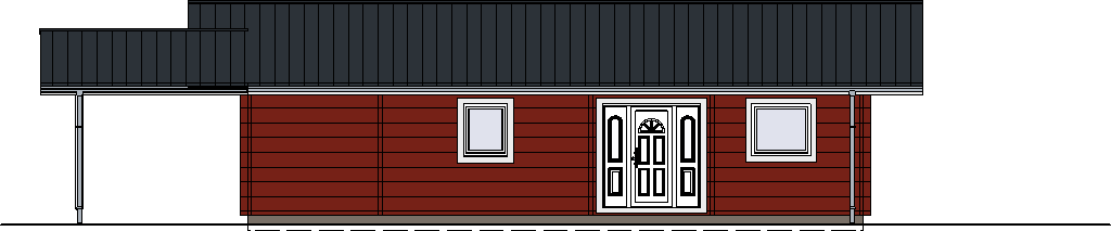 Seitenansicht des FINNHOLZ Blockhaus Klassiker 94 mit roten Wandblockbohlen und dunklem Dach