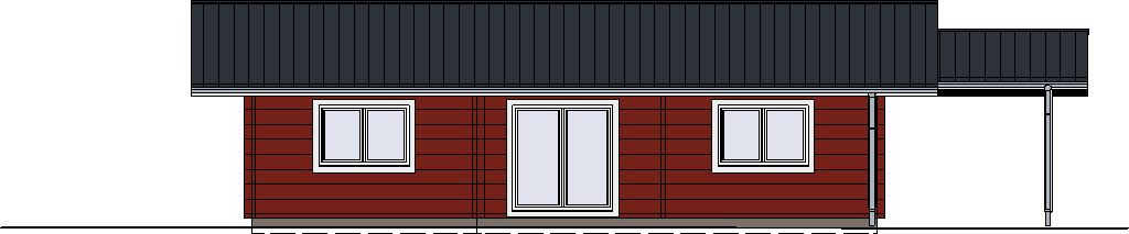 Reduzierte Darstellung der Südseite des FINNHOLZ Blockhaus Klassiker 94 mit roten Wänden und symmetrisch angeordneten Fenstern.