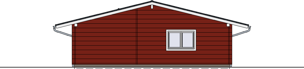 Kompakte Westansicht des FINNHOLZ Blockhaus Klassiker 94 mit einem einzelnen Fenster und dunklem Giebeldach auf roten Holzwänden.