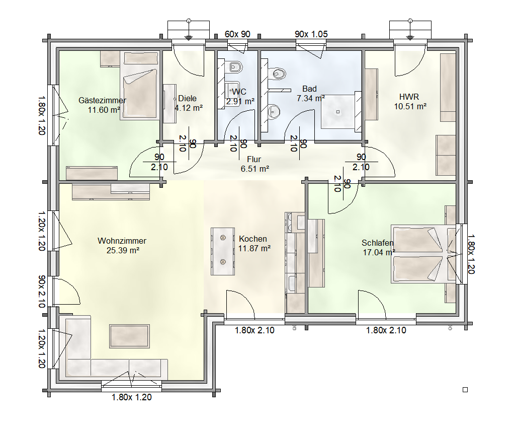 Grundriss des FINNHOLZ Blockhaus Klassiker 97 mit einer klaren Aufteilung der Wohnfläche von 97qm.