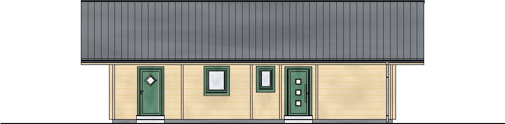 Seitenansicht des FINNHOLZ Blockhaus Klassiker 97 mit charakteristischen grünen Türen und Fensterrahmen, kontrastierend mit der natürlichen Holzfassade.