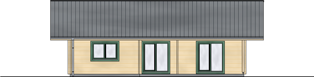 Südansicht des FINNHOLZ Blockhaus Klassiker 97 mit harmonischer Holzfassade und grünen Fensterrahmen.