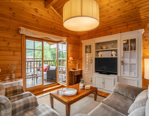 Wohnzimmer in einem gemütlichen Blockbohlenhaus von FINNHOLZ mit natürlicher Holzverkleidung und Zugang zur Terrasse.