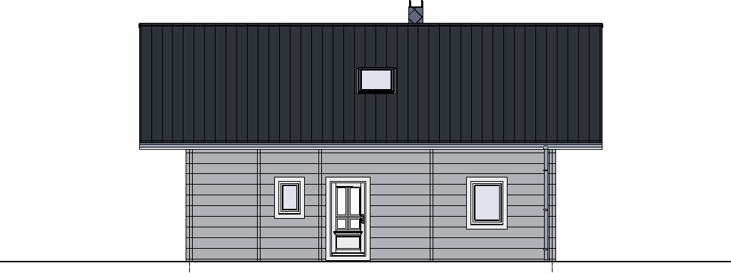 Nordansicht des FINNHOLZ Holzhauses Jubiläumshaus Eder 131 mit dunklem Dach und heller Holzfassade.