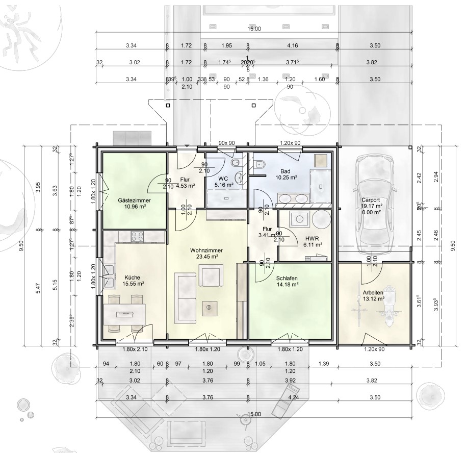 Grundriss des Holzhauses Jubiläumshaus Sauerland 106 von FINNHOLZ mit klaren Raumaufteilungen und Maßangaben.